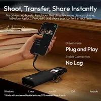ULANZI CR2 card reader case connected to a phone by its built-in cable for viewing files.	