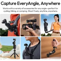 Six ways to use the ULANZI PK16: backpack strap, on a camera, pole, mini tripod, neck mount and hand grip.