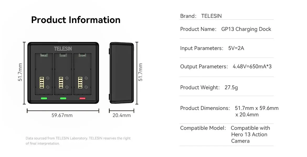 TELESIN 3-Slot USB Battery Charger for GoPro HERO13 Batteries