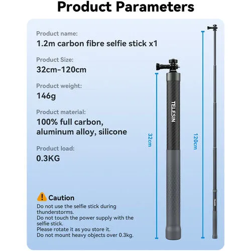 TELESIN 1.2m Selfie Stick | Carbon Fibre Pole | 2nd Gen