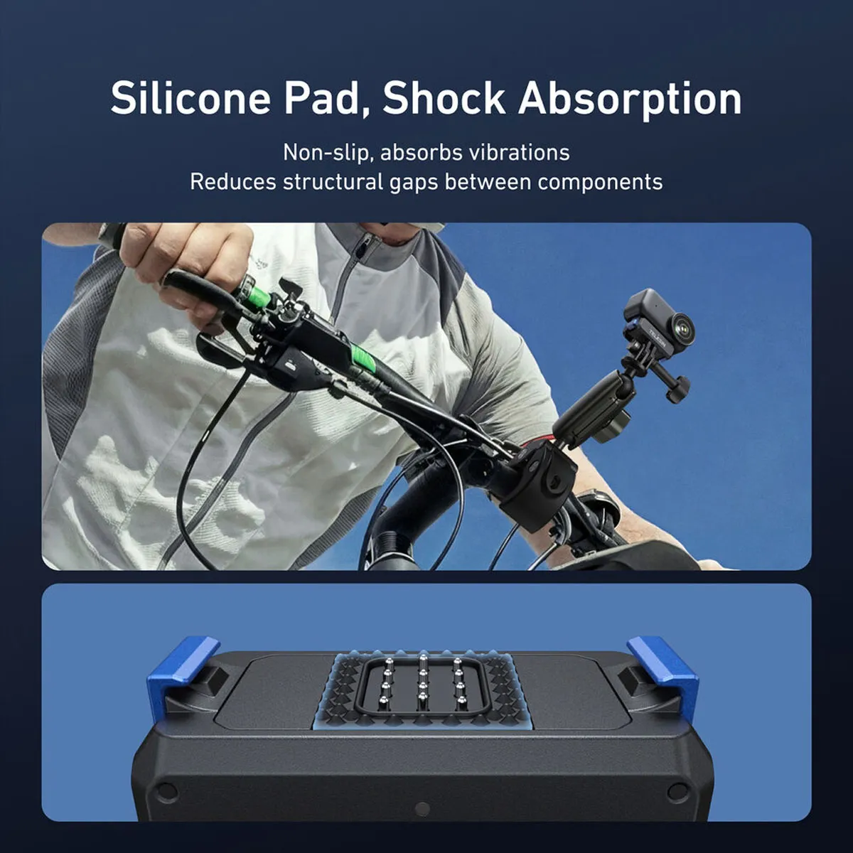 Anti-slip silicone pad on the TELESIN magnetic mount, attached to a bike handlebar for POV footage.