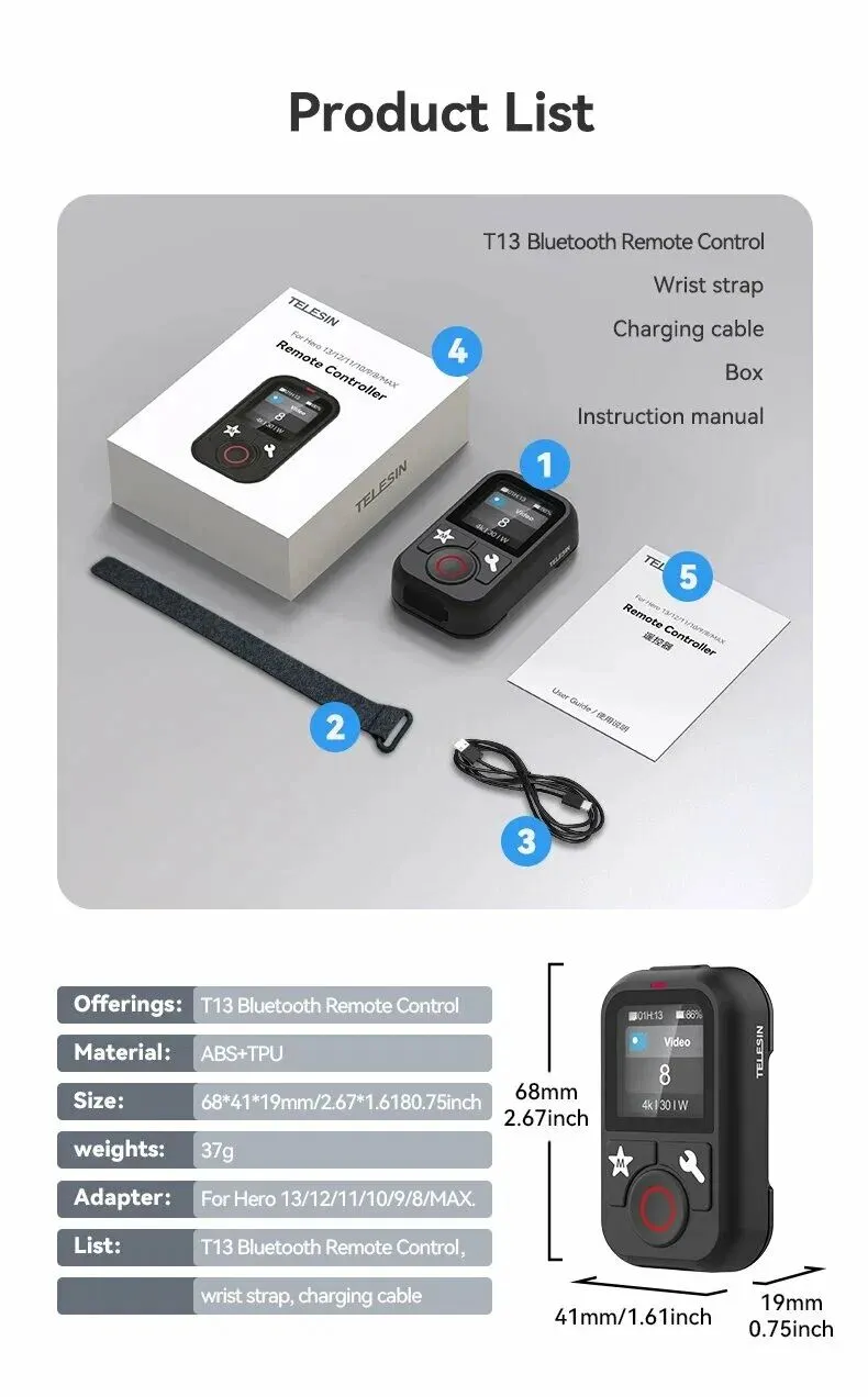 TELESIN T13 Bluetooth Remote Control | For GoPro HERO13/12/11 Black/10/9/8/MAX