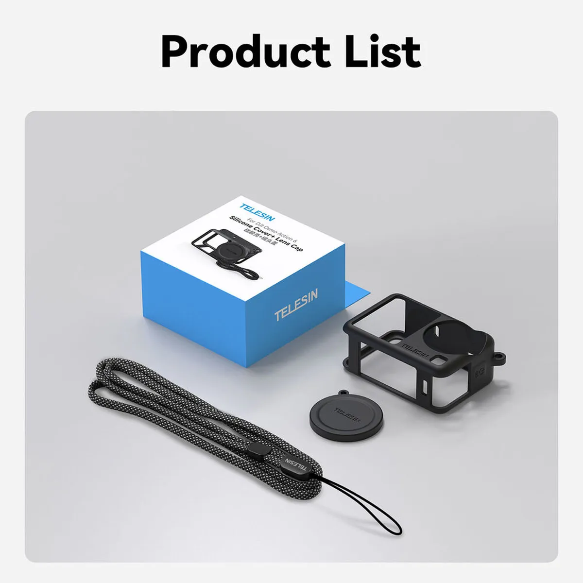 Complete TELESIN product list including silicone protective cover, lens cap, safety lanyard, and retail packaging.