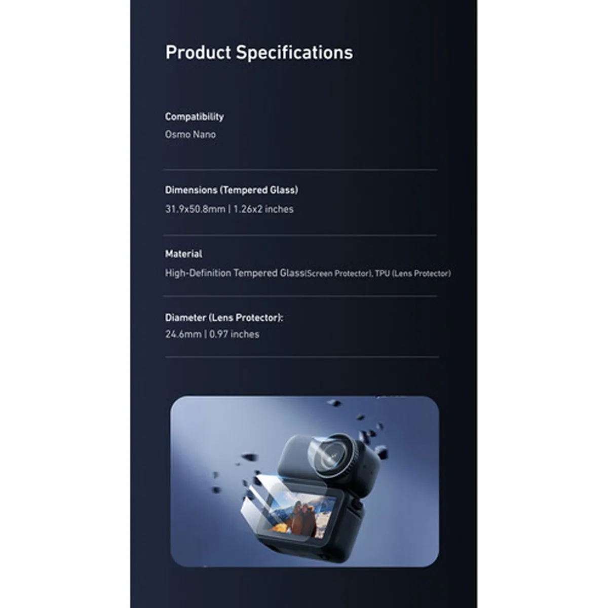 Specifications for the TELESIN Glass Screen & PET Film Lens Protectors twin pack, compatible with DJI Osmo Nano.