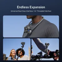 Versatile mounting for the TELESIN Osmo Nano charging base, used with a neck mount, selfie stick and Bike Mount.