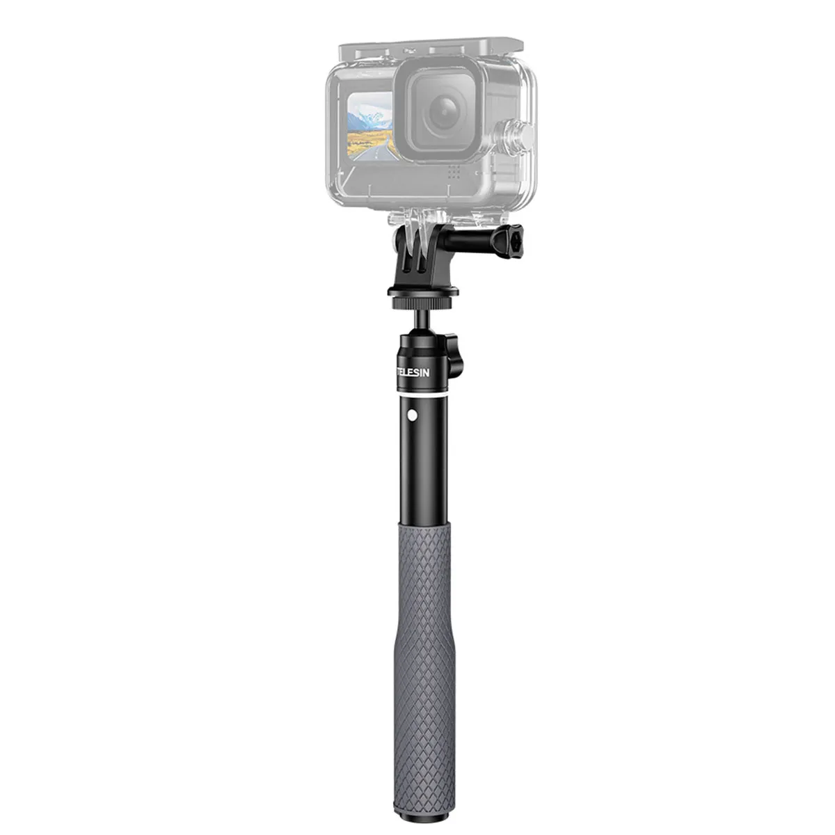 Telesin 65cm Aluminium Alloy Selfie Stick closed with the Action Camera adapter and GoPro camera attached.