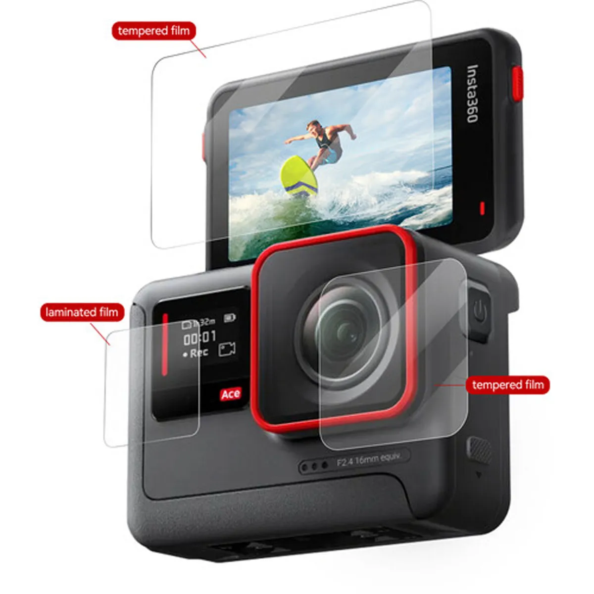 TELESIN tempered glass protectors for the lens, front, and rear screens of the Insta360 ACE camera.