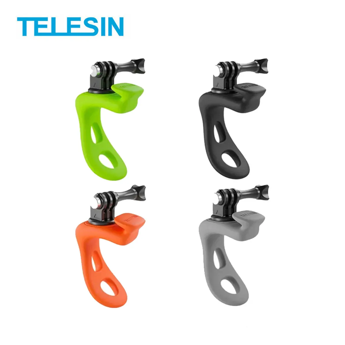 TELESIN Versatile Wrap Mount for action cameras shown in four colors: Green, Black, Orange, and Grey. Select your style.