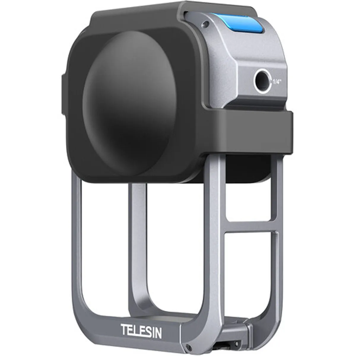 TELESIN Metal Camera Cage for DJI Osmo 360. Lightweight aerospace aluminum frame with custom silicone dual-lens cover.