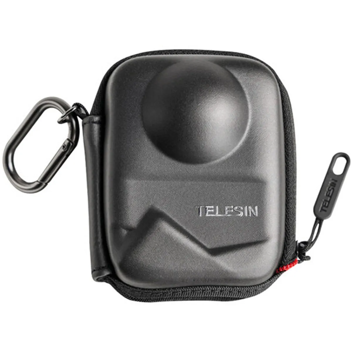 TELESIN Protective Camera Case for DJI Osmo 360. Rigid shell with carabiner for secure storage and travel protection.
