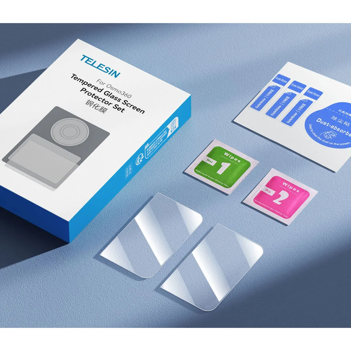 TELESIN 2-Pack Screen Protectors for DJI Osmo 360. Premium tempered glass sets with included cleaning kits for display safety