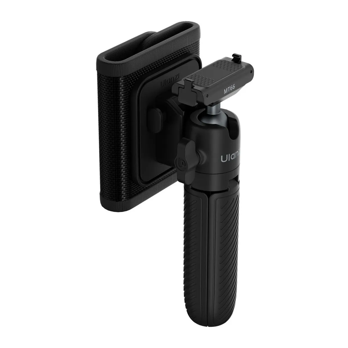 The ULANZI ClipMate grip and its backpack strap mount, showing the clip receiver and the 360 degree ball head.