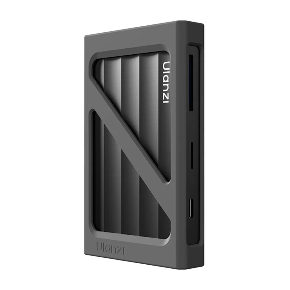 ULANZI DC04 4-in-1 Memory Card Reader in its protective rubber sleeve, showing the card slots.