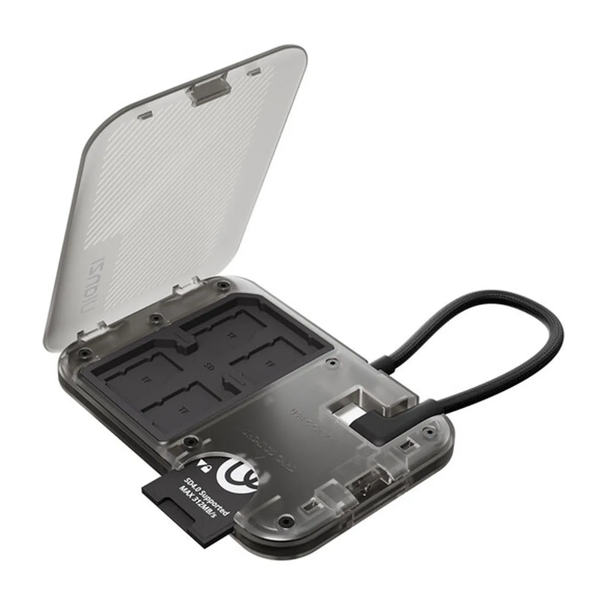 ULANZI CC02 memory card reader and storage case open, showing the card tray, cable loop and SD adapter in the reader slot.