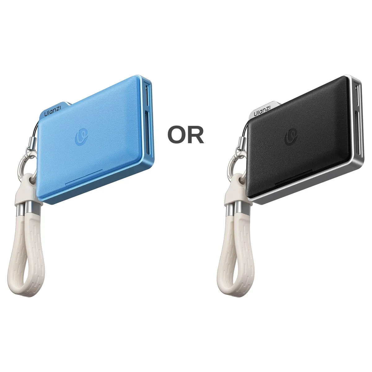 ULANZI DC01 memory card reader and storage case shown in Blue and Black with lanyard cable attached.