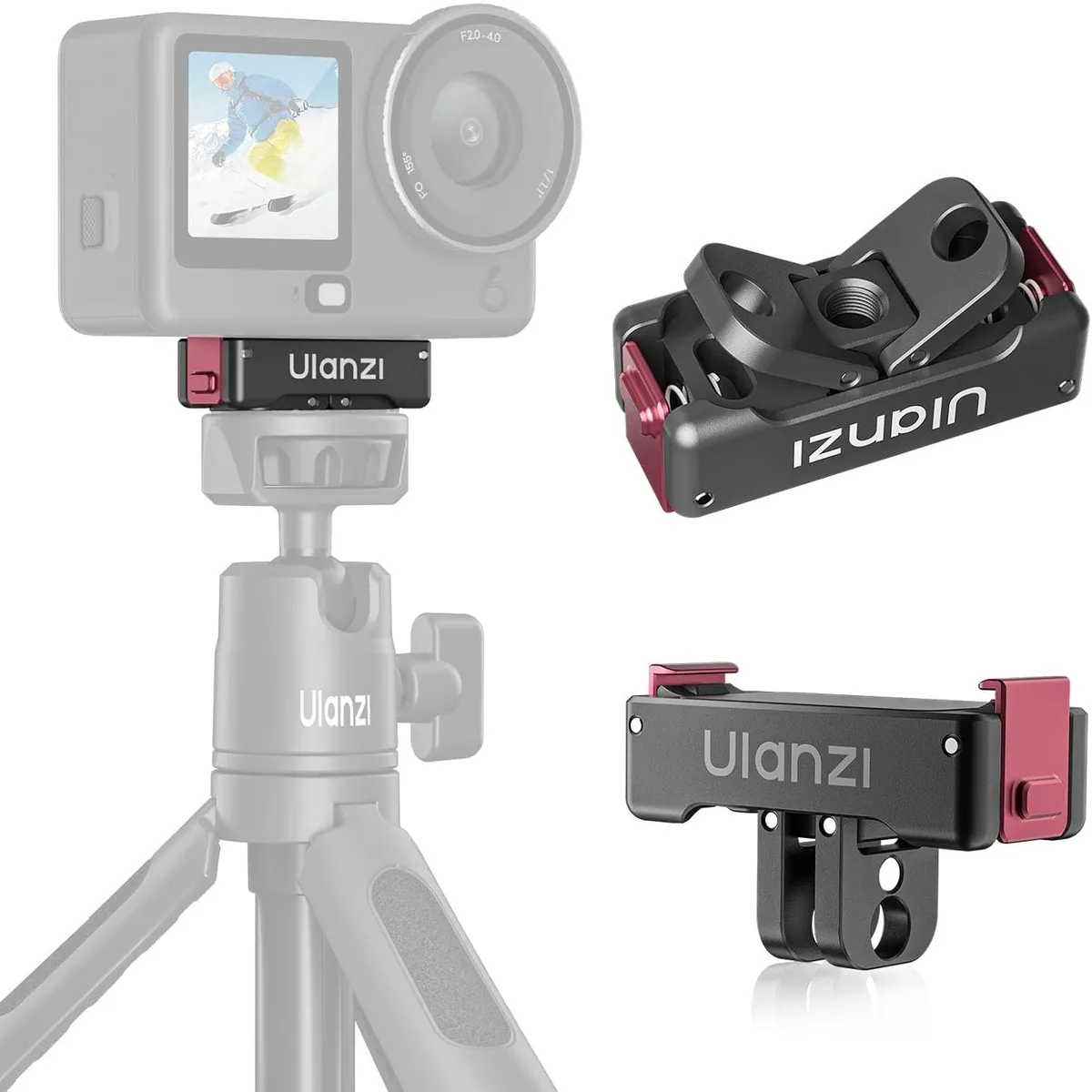 ULANZI OA24 adapter on a tripod with an action camera attached, shown alongside two views of the adapter.