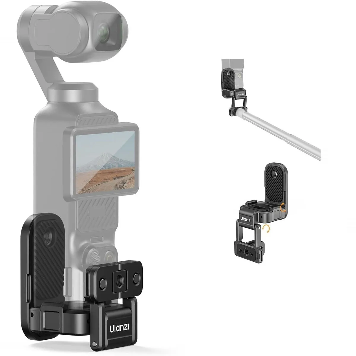 ULANZI PK16 fitted to a DJI Osmo Pocket, with the folding action and a pole mounting shown alongside.