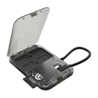 ULANZI CC02 memory card reader and storage case open, showing the card tray, cable loop and SD adapter in the reader slot.