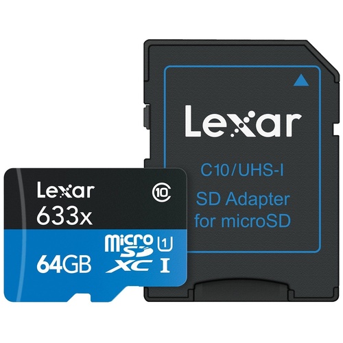 Lexar 64GB 633x 95MB/s Class 10 MicroSD memory card with SD Card Adapter