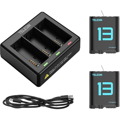 Telesin TRIPLE Slot USB Charger and 2 x Batteries KIT for GoPro HERO13