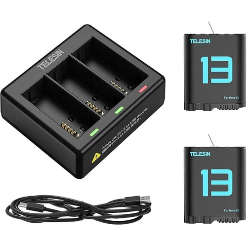 Telesin TRIPLE Slot USB Charger and 2 x Batteries KIT for GoPro HERO13